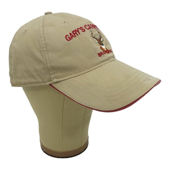 Garys Carpets Buck Deer Logo Strapback Cap Trucker Baseball Hat Khaki Red Trim - Picture 2 of 12